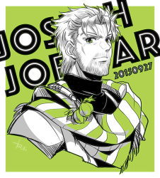 Rule 34 | 1boy, bad id, bad pixiv id, beard, character name, dated, facial hair, green eyes, jojo no kimyou na bouken, joseph joestar, joseph joestar (old), joseph joestar (young), limited palette, male focus, redby623, scarf, signature, solo, striped clothes, striped scarf, turtleneck, upper body