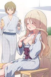 Rule 34 | 1boy, 1girl, amami shisen, bath yukata, blush, bottle, breasts, brown hair, closed eyes, closed mouth, collarbone, commentary request, commission, eyes visible through hair, feet out of frame, hair between eyes, hair over one eye, holding, holding bottle, japanese clothes, kimono, long hair, medium breasts, obi, open mouth, pixiv commission, sash, sitting, standing, starmine (manga), stroma, very long hair, yukata