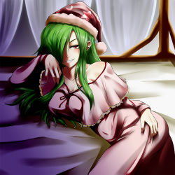 Rule 34 | 1girl, bad id, bad pixiv id, bed, blush, breasts, copycat (homura), covered erect nipples, covered navel, female focus, green hair, hair over one eye, hand on own hip, hat, kazami yuuka, kazami yuuka (pc-98), large breasts, long hair, lotus land story, lying, naughty face, nightcap, nightgown, on side, pajamas, red eyes, solo, team shanghai alice, touhou, touhou (pc-98)