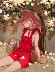 Rule 34 | 1girl, arm support, basket, black ribbon, blue eyes, blush, bottle, breasts, choker, dress, flower, frilled dress, frills, hat, hat ribbon, highres, looking at viewer, medium hair, original, petals, pink hair, red dress, red ribbon, ribbon, ribbon choker, see-through, see-through legwear, sitting, small breasts, smile, solo, straw hat, symbol-only commentary, thighhighs, yutsumoe