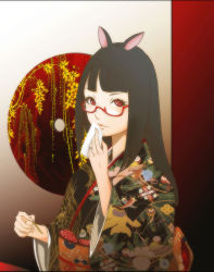 Rule 34 | 1girl, animal ears, black hair, glasses, japanese clothes, jewelry, kimono, long hair, okazuwa shake, original, red eyes, ring, solo, wedding band