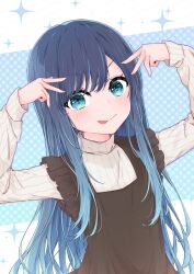 Rule 34 | 1girl, absurdres, aged down, alternate hair length, alternate hairstyle, arms up, black dress, blue eyes, blue hair, blush, commentary request, double v, dress, frilled dress, frills, gradient hair, hair between eyes, highres, hoshino ai&#039;s pose, kurokawa akane, light blue hair, long hair, looking at viewer, multicolored hair, oshi no ko, partial commentary, pose imitation, shirafuji sayu, sidelocks, solo, sparkle, striped clothes, striped sweater, sweater, swept bangs, tongue, tongue out, turtleneck, turtleneck sweater, upper body, v, variant set, watermark, white sweater