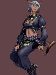Rule 34 | 1girl, animal ear fluff, animal ears, bard (final fantasy), blue eyes, blue lips, blunt bangs, breasts, cat ears, cat girl, cat tail, cleavage, closed mouth, cropped jacket, dark-skinned female, dark skin, facial mark, final fantasy, final fantasy xi, fingernails, highres, jacket, juliet sleeves, long sleeves, medium breasts, mithra (ff11), navel, open clothes, open jacket, pants, puffy sleeves, purple jacket, purple pants, purple tube top, red background, short hair, silver hair, simple background, sitting, solo, strapless, striped, tail, tube top, vertical stripes, yuccoshi