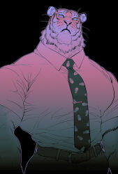 Rule 34 | 1boy, animal ears, bara, black background, black eyes, body fur, closed mouth, collared shirt, furry, furry male, highres, large pectorals, looking at viewer, male focus, mamemo (daifuku mame), monochrome, muscular, muscular male, necktie, original, pectorals, shirt, short sleeves, simple background, solo, standing, t-shirt, tiger boy, tiger ears, upper body, whiskers