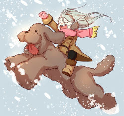Rule 34 | 10s, 1boy, ^ ^, boots, coat, dog, earmuffs, closed eyes, makkachin, male focus, mittens, open mouth, riding, scarf, silver hair, smile, snowing, tongue, tongue out, viktor nikiforov, whitemop jog, aged down, yuri!!! on ice