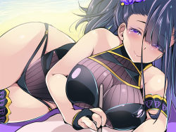 Rule 34 | 1girl, armlet, bare shoulders, beach, black gloves, black one-piece swimsuit, blush, breasts, closed mouth, fate/grand order, fate (series), fingerless gloves, flower, gloves, hair flower, hair ornament, hair up, half gloves, highleg, highleg swimsuit, large breasts, long hair, looking at viewer, lying, maki (seventh heaven maxion), murasaki shikibu (fate), murasaki shikibu (swimsuit rider) (fate), on side, one-piece swimsuit, purple eyes, purple hair, shore, smile, swimsuit, thighs