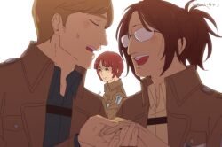 Rule 34 | 1boy, 1girl, 1other, brown hair, brown jacket, closed eyes, commentary, glasses, hange zoe, hanpetos, jacket, moblit berner, nifa (shingeki no kyojin), opaque glasses, open mouth, ponytail, red hair, shaded face, shingeki no kyojin, short hair, smile, survey corps (emblem), sweatdrop, translation request