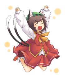 Rule 34 | 1girl, animal ears, arms up, brown hair, cat ears, cat girl, cat tail, chen, closed eyes, earrings, fang, female focus, hat, jewelry, jumping, multiple tails, open mouth, short hair, simple background, skirt, solo, tail, touhou, viva!!