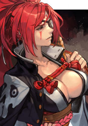 Rule 34 | 1girl, baiken, black background, breasts, eyepatch, facial mark, guilty gear, guilty gear strive, hand up, hungry clicker, japanese clothes, kimono, large breasts, long hair, ponytail, red eyes, red hair, skull print, solo, upper body, white kimono