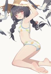 Rule 34 | 1girl, arms up, ass, barefoot, bikini, bird, black hair, blue archive, blush, commentary, coral, from side, full body, hair ribbon, hat, highres, kildir, kneeling, leaf, leaf on head, leaf print, long hair, miyu (blue archive), miyu (swimsuit) (blue archive), official alternate costume, parted lips, print bikini, red eyes, ribbon, simple background, soles, solo, straw hat, swimsuit, tears, toes, twintails, wavy mouth, white background, white bikini, white ribbon