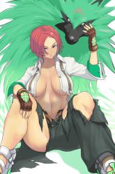 Rule 34 | 1girl, 1other, anagumasan, animal, animal ears, arc system works, belt, blue eyes, breasts, brown gloves, dark-skinned female, dark skin, fingerless gloves, giovanna (guilty gear), gloves, guilty gear, guilty gear strive, heart, highres, large breasts, looking at viewer, medium hair, navel, open mouth, pants, petting, red hair, rei (guilty gear), shoes, simple background, sitting, spread legs, stomach, thick thighs, thighs, torn clothes, white background, wolf, wolf ears
