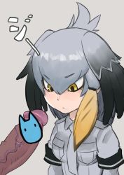 Rule 34 | 10s, 1girl, bad id, bad pixiv id, bird wings, black hair, censored, cum, expressionless, facial, grey hair, grey shirt, head wings, kemono friends, long hair, low ponytail, mikoyan, multicolored hair, necktie, novelty censor, penis, shirt, shoebill (kemono friends), side ponytail, solo focus, upper body, veins, veiny penis, wings, yellow eyes