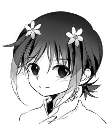 Rule 34 | 1boy, bad id, bad pixiv id, flower, greyscale, hair flower, hair ornament, inazuma eleven (series), inazuma eleven go, looking at viewer, lowres, male focus, monochrome, nalse, portrait, short hair, shuu (inazuma eleven), simple background, smile, solo, upper body, white background