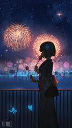 Rule 34 | 1girl, absurdres, bag, bracelet, brown hair, bug, butterfly, candy apple, city, eating, english text, closed eyes, fireworks, flower, food, from side, glowing butterfly, hair flower, hair ornament, highres, holding, holding food, insect, japanese clothes, jewelry, kimono, night, night sky, ocean, original, pasoputi, railing, reflection, reflective water, scenery, shooting star, short hair, sky, skyline, solo, star (sky), starry sky, summer, walking, wristband, yukata