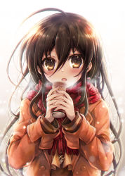 Rule 34 | 1girl, ahoge, black hair, blush, breath, brown background, brown eyes, brown jacket, brown shirt, can, canned coffee, commentary request, drink can, fringe trim, gradient background, hair between eyes, highres, holding, holding can, jacket, long hair, open clothes, open jacket, open mouth, red scarf, scarf, shakugan no shana, shana, shirt, solo, tachitsu teto, upper body, very long hair, white background