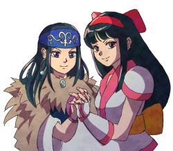 Rule 34 | 2girls, ainu clothes, blue eyes, breasts, crossover, fingerless gloves, gloves, golden kamuy, green hair, hair ribbon, highres, holding hands, interlocked fingers, long hair, looking at viewer, multiple girls, nakoruru, purple eyes, ribbon, samurai spirits, small breasts, smile, snk, the king of fighters