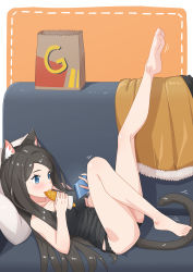 Rule 34 | 1girl, absurdres, aina (mao lian), animal ears, ass, bag, barefoot, black camisole, black hair, black panties, blue eyes, camisole, cat ears, cat tail, cellphone, couch, eating, feet, food, highres, knee up, kneepits, leg up, legs, long hair, lying, mao lian (nekokao), no pants, on back, original, panties, paper bag, phone, pillow, smartphone, soles, solo, tail, toes, underwear, underwear only
