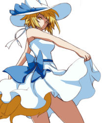 Rule 34 | 1girl, alternate costume, alternate headwear, animal ears, bare shoulders, blonde hair, breasts, dearmybrothers, dress, female focus, fox ears, fox tail, hat, hat ribbon, highres, looking back, multiple tails, ribbon, short hair, simple background, skirt, smile, solo, sun hat, sundress, tail, touhou, white background, white dress, white skirt, yakumo ran, yellow eyes