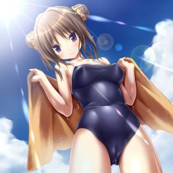 Rule 34 | 1girl, alternate hairstyle, andou misaki, blue eyes, blush, breasts, brown hair, cameltoe, chrono clock, cloud, competition school swimsuit, covered erect nipples, cowboy shot, day, double bun, gradient background, hair bun, highres, holding, koku, lens flare, looking at viewer, medium breasts, one-piece swimsuit, purple eyes, school swimsuit, scrunchie, sky, smile, solo, sparkle, suggestive fluid, summer, sunlight, swimsuit, towel, wet