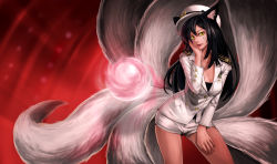 Rule 34 | 1girl, :d, ahri (league of legends), alternate costume, animal ears, black hair, bow, breasts, cleavage, contrapposto, cosplay, cowboy shot, energy ball, facial mark, fox ears, fox tail, generation ahri, girls&#039; generation, glowing, goomrrat, hand on own face, hand on own thigh, hat, hat bow, highres, k-pop, league of legends, legs apart, long sleeves, looking at viewer, military, military uniform, multiple tails, naval uniform, open mouth, peaked cap, riot games, short shorts, shorts, slit pupils, sm entertainment, smile, solo, standing, tail, uniform, whisker markings, white shorts, yellow eyes