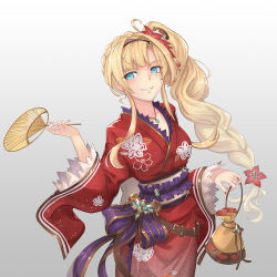 Rule 34 | 1girl, alternate costume, alternate hairstyle, bag, blonde hair, blue eyes, blush, braid, breasts, commentary request, granblue fantasy, grey background, grin, hand fan, holding, holding bag, holding fan, japanese clothes, kimono, large breasts, long braid, long hair, looking at viewer, nail polish, red kimono, red nails, side braid, single braid, smile, solo, very long hair, yukata, yuki7128, zeta (granblue fantasy)