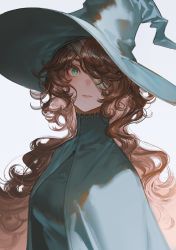 Rule 34 | 1girl, blouse, blue cloak, blue hat, blue shirt, breasts, brown hair, cloak, eyepatch, fantasy, green eyes, hat, long hair, medium breasts, mogumo, one eye covered, original, parted lips, portrait, shirt, solo, white background, witch hat