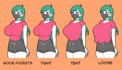 Rule 34 | 1girl, ahoge, arms behind back, black eyes, black shorts, breasts, choker, collarbone, commentary, english commentary, green hair, high-waist shorts, jam-orbital, large breasts, long hair, loose clothes, loose shirt, mask, mouth mask, multiple views, orange background, original, red shirt, shirt, shirt tucked in, short sleeves, shorts, skin tight, standing, t-shirt, taut clothes, thick eyebrows, thighs, tight clothes, tight shirt