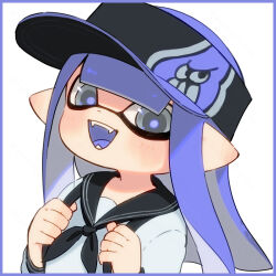 Rule 34 | 1girl, black hat, border, commentary request, coula cat, grey eyes, hat, inkling, inkling girl, inkling player character, long hair, nintendo, open mouth, pointy ears, print headwear, purple border, purple hair, purple hat, purple pupils, sailor collar, sailor shirt, shirt, simple background, smile, solo, splatoon (series), splatoon 3, teeth, tentacle hair, two-tone headwear, upper body, visor cap, white background