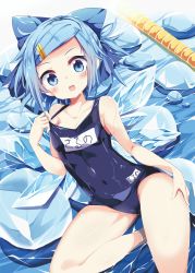 Rule 34 | 1girl, alternate hairstyle, bare arms, bare legs, bare shoulders, blue bow, blue one-piece swimsuit, blue wings, blush, bow, cirno, clothes pull, collarbone, colored eyelashes, covered navel, hair bow, hair ornament, hairpin, hand on own hip, hand up, highres, ice, ice wings, looking at viewer, lying, maturiuta sorato, name tag, old school swimsuit, one-piece swimsuit, one-piece swimsuit pull, open mouth, school swimsuit, short hair, solo, swimsuit, thighs, touhou, water, wet, wings