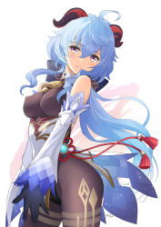 Rule 34 | 1girl, ahoge, bare shoulders, bell, black gloves, blue hair, blush, bodystocking, breasts, brown pantyhose, detached sleeves, dress, elbow gloves, ganyu (genshin impact), genshin impact, gloves, grin, horns, jewelry, large breasts, long hair, looking at viewer, pantyhose, pendant, purple eyes, smile, solo, thighs, tony taka, vision (genshin impact), white dress