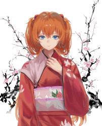 Rule 34 | 1girl, absurdres, bad id, bad pixiv id, blue eyes, branch, cherry blossoms, closed mouth, commentary, expressionless, floral print, flower, hair between eyes, hand up, highres, huge filesize, interface headset, japanese clothes, jenmin12, kimono, long hair, looking at viewer, neon genesis evangelion, obi, orange hair, pink flower, print kimono, red kimono, sash, simple background, solo, souryuu asuka langley, upper body, white background