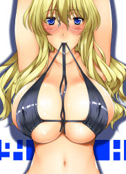 Rule 34 | 1girl, bikini, bikini in mouth, bikini top only, blonde hair, blue eyes, breasts, cleavage, clothes in mouth, covered erect nipples, glasses, highres, huge breasts, kamia (not found), large breasts, long hair, mouth hold, navel, original, solo, sugino miyo, swimsuit, very long hair
