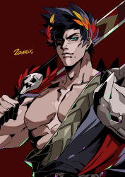 Rule 34 | 1boy, azaya (kuroi azaya), black hair, closed mouth, green eyes, hades (series), hades 1, hand up, heterochromia, high contrast, holding, holding sword, holding weapon, laurel crown, light smile, looking at viewer, male focus, muscular, muscular male, no shirt, over shoulder, red background, red eyes, short hair, simple background, solo, spiked hair, sword, sword over shoulder, upper body, weapon, weapon over shoulder, zagreus (hades)