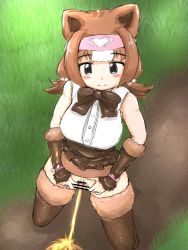 Rule 34 | 1girl, absurdres, animal ears, brown hair, censored, highres, kemono friends, kodiak bear (kemono friends), large clitoris, looking at viewer, looking up, no panties, outdoors, peeing, pussy, solo, spread pussy, standing, thighhighs, y-san (yoshino yuuri)
