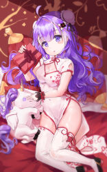 Rule 34 | 1girl, ahoge, azur lane, bed sheet, black footwear, box, breasts, bun cover, china dress, chinese clothes, cleavage, cleavage cutout, clothing cutout, covered navel, double bun, dress, flats, gift, gift box, hair bun, hair ribbon, highres, kian, legs together, light purple hair, long hair, looking at viewer, medium breasts, parted lips, pelvic curtain, pillow, purple eyes, revision, ribbon, shoes, short sleeves, side slit, solo, stuffed animal, stuffed toy, stuffed unicorn, thighhighs, thighs, triangle mouth, unicorn, unicorn (azur lane), unicorn (the gift of spring) (azur lane), wavy hair, white thighhighs, wrist cuffs