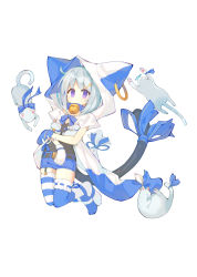 Rule 34 | 1girl, animal ears, asymmetrical legwear, bell, black shirt, blue bow, blue collar, blue mittens, blue shorts, bow, cat, cat ears, cat hair ornament, cat tail, closed mouth, collar, earrings, garter straps, hair bow, hair ornament, hairclip, highres, hood, hooded coat, hoop earrings, jewelry, jingle bell, kanase (mcbrwn18), looking at viewer, mismatched legwear, mittens, neck bell, no shoes, original, purple hair, ribbon-trimmed legwear, ribbon trim, shirt, short shorts, short sleeves, shorts, silver hair, simple background, solo, striped clothes, striped thighhighs, tail, thighhighs, v-shaped eyebrows, white background, white mittens