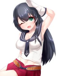 Rule 34 | 10s, 1girl, agano (kancolle), anchor symbol, arm behind back, arm up, armpits, belt, black hair, boruhis, breasts, cleavage, gloves, green eyes, groin, highres, kantai collection, large breasts, long hair, looking at viewer, medium breasts, midriff, navel, necktie, one eye closed, open mouth, pleated skirt, red skirt, salute, school uniform, serafuku, shirt, simple background, skirt, sleeveless, solo, white background, white gloves, white shirt