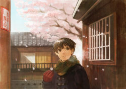 Rule 34 | 1boy, architecture, bad id, bad pixiv id, brown eyes, brown hair, east asian architecture, gloves, kannu, male focus, nature, outdoors, plant, poster (object), scarf, sky, sliding doors, solo, spring (season), upper body