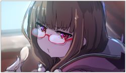 Rule 34 | 1girl, :t, absurdres, bad id, bad twitter id, blurry, blurry background, brown hair, chips (food), closed mouth, commentary request, depth of field, eating, fate/grand order, fate (series), fingernails, food, glasses, hair bobbles, hair ornament, highres, hood, hood down, long fingernails, long hair, looking at viewer, looking to the side, nail polish, osakabehime (fate), pink nails, potato chips, protected link, purple eyes, red-framed eyewear, semi-rimless eyewear, solo, under-rim eyewear, wada kazu