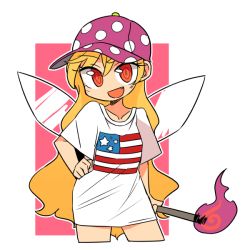 Rule 34 | 1girl, alternate costume, american flag, blonde hair, clownpiece, contrapposto, cropped legs, fairy wings, fang, fire, hand on own hip, hat, holding, ini (inunabe00), long hair, looking at viewer, multicolored hair, open mouth, pink background, polka dot, purple hat, red eyes, ringed eyes, shirt, short sleeves, smile, solo, standing, t-shirt, torch, touhou, transparent wings, two-tone hair, white background, white shirt, wings