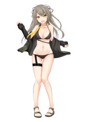 Rule 34 | absurdres, breasts, cleavage, collarbone, girls&#039; frontline, grey hair, groin, highres, ivan wang, jacket, jacket over swimsuit, long hair, looking at viewer, navel, open mouth, sandals, solo, swimsuit, ump40 (girls&#039; frontline), white background, yellow eyes
