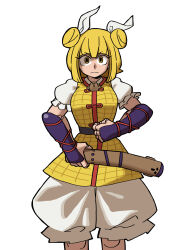 Rule 34 | 1girl, absurdres, armor, armored dress, blonde hair, bloomers, blunt bangs, closed mouth, commentary, cowboy shot, double bun, dress, eddybird55555, english commentary, hair bun, hair ribbon, haniwa (statue), highres, holding, joutouguu mayumi, ribbon, short hair, short sleeves, simple background, solo, standing, touhou, underwear, vambraces, white background, white ribbon, yellow dress, yellow eyes