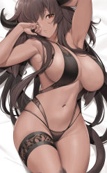 Rule 34 | 1girl, arm behind head, arm up, armpits, bed sheet, breasts, brown hair, commentary, cowboy shot, dakimakura (medium), dark-skinned female, dark skin, english commentary, highres, large breasts, long hair, looking at viewer, lying, navel, on back, original, red eyes, solo, tail, tony guisado, very long hair