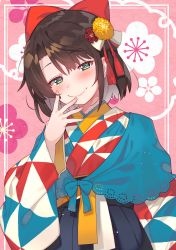 Rule 34 | 1girl, absurdres, alternate costume, blue eyes, blush, bow, commentary request, hair bow, hair ornament, highres, hololive, japanese clothes, kimono, looking at viewer, oozora subaru, oozora subaru (new year), pink background, short hair, smile, solo, tonarikeru, virtual youtuber
