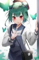 Rule 34 | 1girl, absurdres, alternate costume, bad id, bad pixiv id, bag, beret, blush, bug, butterfly, doorway, double bun, green butterfly, green hair, hair bun, hair ornament, hand on own chest, hand up, handbag, hat, highres, hololive, insect, jewelry, kyoro ina, long sleeves, looking at viewer, necklace, overalls, parted lips, red eyes, ringlets, short hair with long locks, skull, skull hair ornament, solo, strap, sweatdrop, tsurime, uruha rushia, virtual youtuber