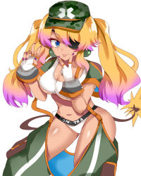 Rule 34 | absurdres, blonde hair, blue eyes, bombergirl, breasts, camouflage, camouflage headwear, cropped jacket, earrings, eyepatch, fingerless gloves, fuse, fuse tail, gaoohohaha, gloves, green jacket, highres, jacket, jewelry, lit fuse, medium breasts, nail polish, navel, olive (bombergirl), panties, pink hair, purple nails, simple background, sketch, sports bra, tongue, tongue out, twintails, two-tone background, underboob, underwear, v, white background, wide hips