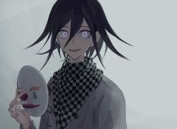Rule 34 | 1boy, :d, black hair, checkered clothes, checkered neckwear, checkered scarf, commentary request, crazy eyes, danganronpa (series), danganronpa v3: killing harmony, grey background, hair between eyes, highres, holding, holding mask, iumi urura, jacket, long sleeves, looking at viewer, male focus, mask, unworn mask, open mouth, oma kokichi, purple eyes, purple hair, scarf, short hair, simple background, smile, solo, staring, straitjacket, teeth, upper body, upper teeth only
