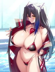 Rule 34 | 1girl, bikini, black bikini, black hair, blush, breasts, cleavage, closed mouth, coat, commentary request, commission, highres, huge breasts, kodama yuu, long hair, long sleeves, looking at viewer, navel, open clothes, open coat, original, paisu-chan (yashiro sousaku), sideboob, smile, solo, swimsuit, underboob, water, yellow eyes
