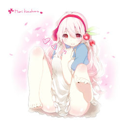 Rule 34 | 1girl, apron, bad id, bad pixiv id, barefoot, character name, feet, hand on own chest, heart, hrk173, kagerou project, kozakura marry, petals, pink eyes, pink hair, sitting, smile, solo, toe scrunch, toes
