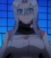Rule 34 | 1girl, angry, breasts, clenched teeth, female focus, highres, kiba mikoto, large breasts, solo, standing, stitched, sunglasses, teeth, third-party edit, torn clothes, triage x, visor, white hair, yellow eyes